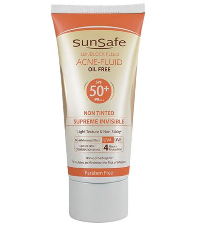 فلوئید ضد آفتاب ضد جوش SPF50+ بی رنگ سان سیف مناسب پوست چرب و آکنه دار